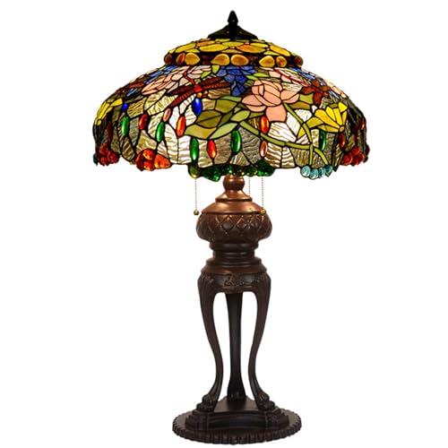 PUFAHAU 20" Rose Libelle Tulpe Glyzinien Traube Lilie Apfel Blume Lotus Tiffany Buntglas Tischlampe Schreibtisch Lesen Schlafzimmer Nachttisch Studie Akzentlampe Für Mädchen Wohn(Libellenlotus) von PUFAHAU
