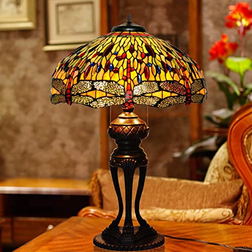 PUFAHAU 20" Rose Libelle Tulpe Glyzinien Traube Lilie Apfel Blume Lotus Tiffany Buntglas Tischlampe Weihnachtsbeleuchtung Für Mädchen Wohnzimmer Kommode Schreibtisch Lesen Schlaf(Libelle) von PUFAHAU