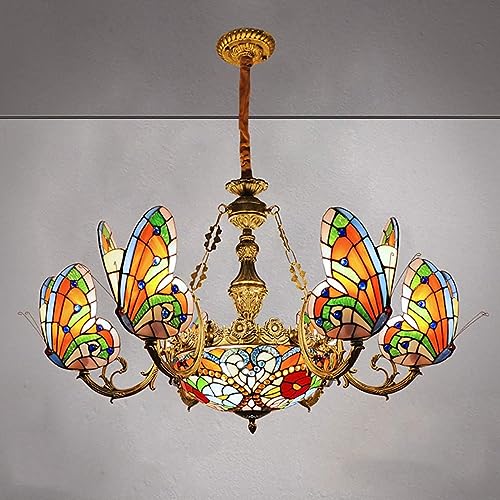 PUFAHAU Schmetterling - 7 Lichter Pendelleuchte Led-Kronleuchter Licht Antiker Tiffany-Stil Buntglas Mit 6 Schmetterlingsförmigen Lampenschirm Hängeleuchte Für Esszimmer Wohnzimm(C) von PUFAHAU