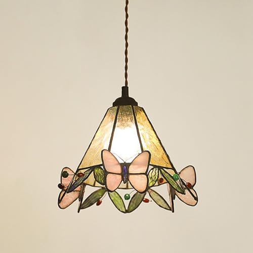 PUFAHAU Tiffany Art Pendelleuchte Buntglas Hängelampe Retro Rosa Schmetterling Deckenleuchte Kücheninsel, Moderne Nordische Verstellbare Messing Pendelleuchte Esszimmer E27 von PUFAHAU