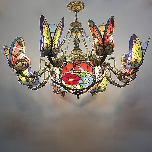 PUFAHAU Tiffany-Stil Buntglas Schmetterling Kronleuchter Pendelleuchte Dekorative Hängelampe Pendelbeleuchtung Verstellbare Deckenleuchte Mit 8 Schmetterlingslichtern Für Wohnzim(B) von PUFAHAU