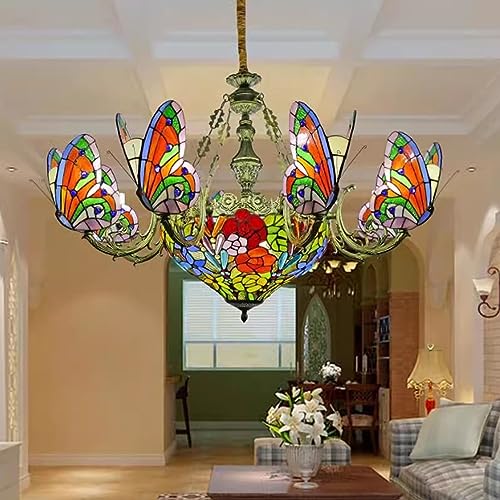 PUFAHAU Tiffany-Stil Buntglas Schmetterling Kronleuchter Pendelleuchte Dekorative Hängelampe Pendelbeleuchtung Verstellbare Deckenleuchte Mit 8 Schmetterlingslichtern Für Wohnzim(D) von PUFAHAU