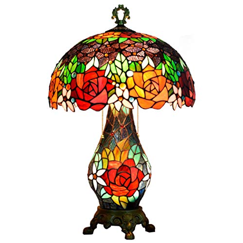 PUFAHAU Tiffany Stil Tischlampe Nachtlicht Basis Rot Orange Rose Buntglas 16 Zoll Schirm 3 Licht Schreibtischlampen Beleuchtung Für Wohnzimmer Handgemacht Geschenk von PUFAHAU