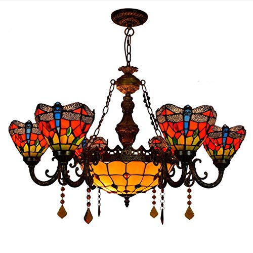 PUFAHAU Viktorianischer Kronleuchter Mit 6 Lichtern Im Tiffany-Stil, Europäische Pendelleuchte Mit Mehreren Köpfen Im Stil Einer Roten Libelle Aus Glas Für Das Esszimmer In Der V von PUFAHAU