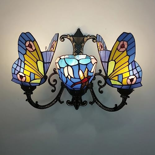 PUFAHAU Wandleuchte Im Tiffany-Stil, Blauer Schmetterling, Buntglas, Nachttisch Für Wohnzimmer, Schlafzimmer, Badezimmer, Flur, Dekorativ, 17(20) von PUFAHAU