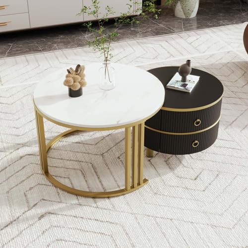 PUGSDRLY Rund Couchtisch,Sofatisch Kaffeetisch Sideboard 2er Set mit Metallrahmen und Marmorplatte,Klein Moderner Beistelltisch mit 2 Schubladen für Wohnzimmer,Balkon (Gold und Schwarz) von PUGSDRLY
