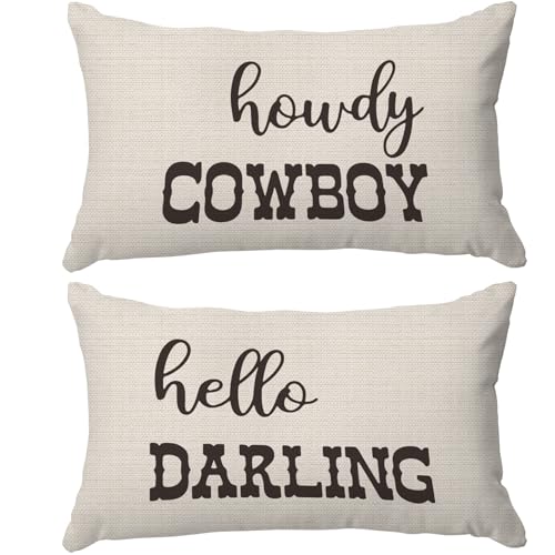 PUHEI Hello Darling Howdy Cowboy Western Throw Pillow Cover, Cowboy Cowgirl Teen Girls Boys Gifts,Funny Couple Pillow Case 12 x 20 Inch Home Sofa Bed Decor Set of 2 (Off-White) von PUHEI