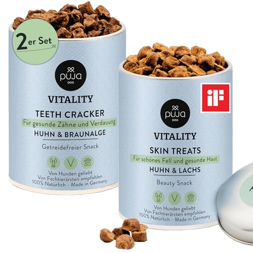 PUJA Hundesnack getreidefrei, Doppelt fit mit Vitality Teeth + Vitality Skin für Hunde im Bundle - gesunde Zähne und glänzendes Fell 2x150g, Leckerlis klein für Belohnung und Training von PUJA