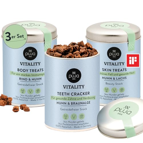 PUJA Hundesnack getreidefrei, Dreifach fit mit Vitality Body + Vitality Skin + Vitality Teeth für Hunde - Immunsystem Booster, glänzendes Fell und gesunde Zähne, 3x150g von PUJA