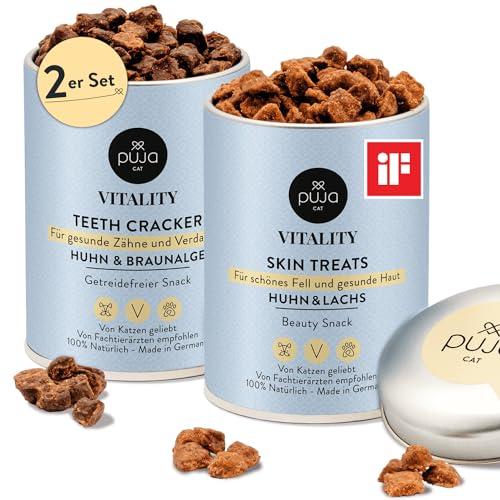 PUJA Katzensnack getreidefrei, Doppelt fit mit Vitality Teeth + Vitality Skin für Katzen - gesunde Zähne und glänzendes Fell 2x150g, Leckerlis klein für Belohnung & Spiel von PUJA