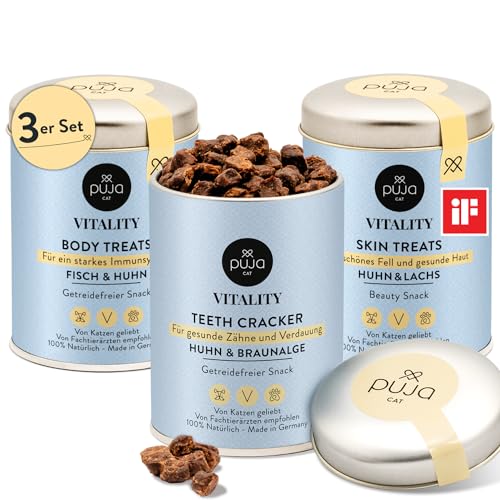 PUJA Katzensnack getreidefrei, Dreifach fit mit Vitality Body + Vitality Skin + Vitality Teeth für Katzen - Immunsystem Booster, glänzendes Fell und gesunde Zähne, 3x150g von PUJA