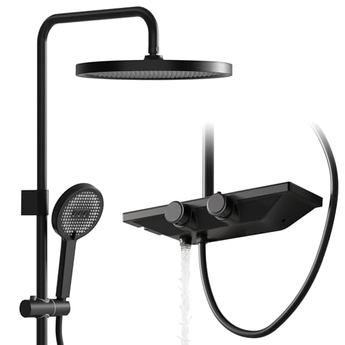 PUKANIUM Duscharmatur Komplettset, Duschsystem mit Thermostat, XL Regendusche (255 mm) mit Armatur, 3 Strahlarten Handbrause und Unterer Auslauf, Duschset Schwarz von PUKANIUM