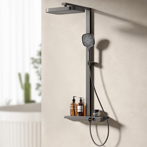 PUKANIUM Thermostat-Duschsystem - 32x22cm Regendusche mit Armatur, Duschsystem mit 40cm Glasablage & Handbrause (4 Strahlarten), höhenverstellbar, Matt Anthrazit von PUKANIUM