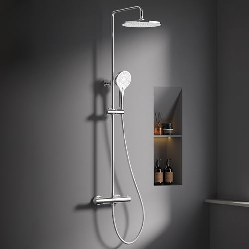 PUKANIUM Duschsystem mit Thermostat, Chrom Duscharmatur Komplettset mit 255MM Regendusche von PUKANIUM