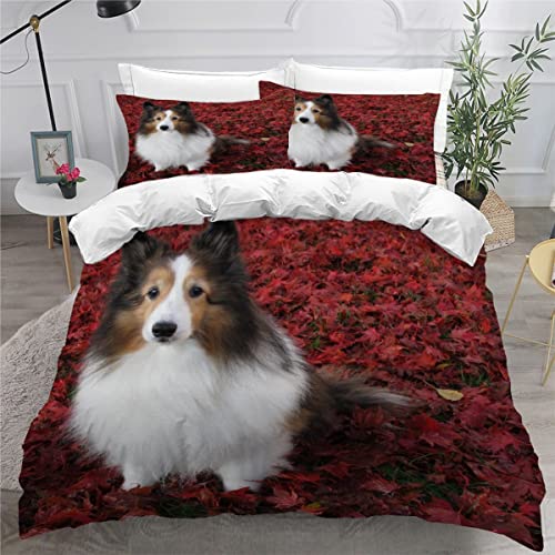 Bettwäsche 135x200 Hund 3D Druck Bettbezüge Sets kuschelig Leicht Mikrofaser 3 Teilig Sheltie Bettbezüge versteckter Reißverschluss mit 2 Kissenbezug 80x80cm Jungen Mädchen von PULANG