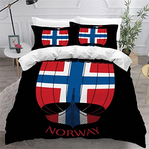 Bettwäsche 135x200 Wikinger 3D Druck Bettbezüge Sets kuschelig Leicht Mikrofaser 3 Teilig Norwegische Flagge Bettbezüge versteckter Reißverschluss mit 2 Kissenbezug 80x80cm Jungen Mädchen von PULANG