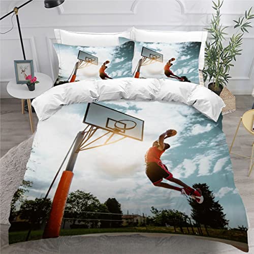 PULANG Bettbezug 135x200 Basketball 3D Motiv Bettwäsche-Sets kuschelig Leicht Mikrofaser 3 Teilig Sport Bettbezüge versteckter Reißverschluss mit 2 Kissenbezug 80x80cm Jungen Mädchen von PULANG