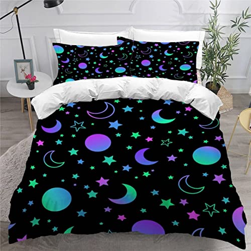 PULANG Bettbezug 135x200 Sonne Mond Stern 3D Motiv Bettwäsche-Sets kuschelig Leicht Mikrofaser 3 Teilig Neon- Bettbezüge versteckter Reißverschluss mit 2 Kissenbezug 80x80cm Jungen Mädchen von PULANG