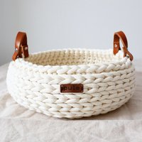 Großer Häkelkorb Mit Ledergriffen Boho Gewebte Schale von PULEDESIGN