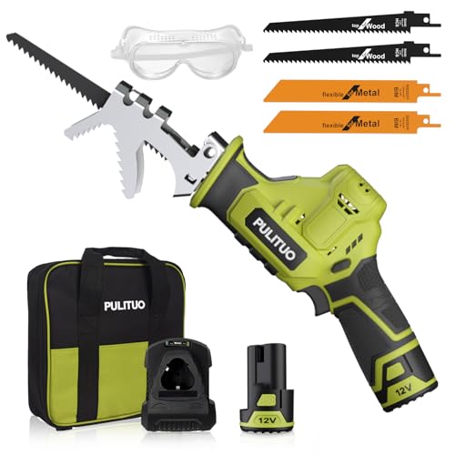 Säbelsäge,PULITUO 12V knochensäge elektrisch mit variabler Drehzahl von 0-2700 RPM,Grüner Akku-Reciprosäge Säbelsäge mit 2.0Ah Batterien mit 1 Stunde Schnellladegerät 4xSäbelsägeblatt von PULITUO