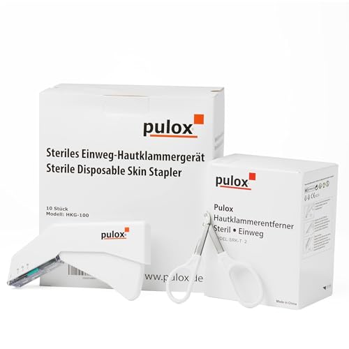 10x Pulox Einweg Hautklammergerät Steril + 10x Hautklammerentferner - im Set - 35 Klammern von PULOX