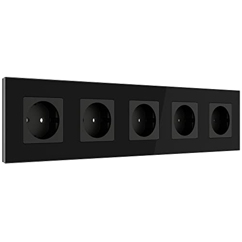 PULSAR Steckdose Schwarz 5 Fach Glas Unterputzsteckdose EU-Standard 250V / 16 Amp Wandsteckdose mit Kindersicherung 86 x 370mm von PULSAR