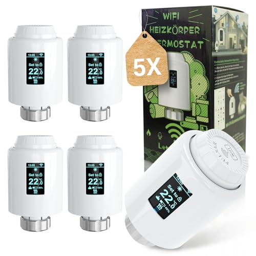 PULSAR 5 Stück Smartes Heizkörperthermostat,Thermostat Heizung, Steuerung per App, Alexa, Google Assistant, Digitales Heizungsthermostat, Einfache Installation, Heizkosten Sparen von PULSAR