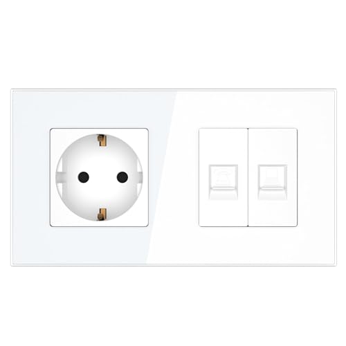 PULSAR Anschlussdose mit Steckdose Weiß 2 Fach Glas, Telefondose Unterputz mit CAT5E Internet Steckdose Netzwerk LAN Dose Geschirmt Datendose zum Anschluss von PC, Computer, Laptop, etc. von PULSAR