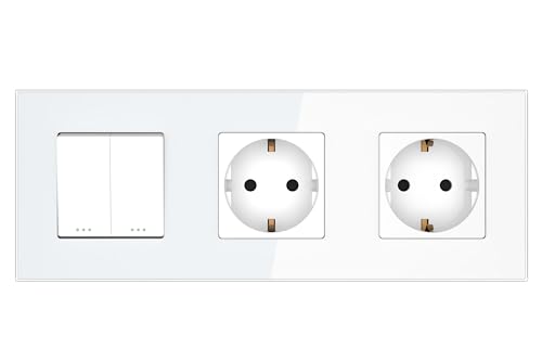 PULSAR Doppellichtschalter mit 2 Steckdosen 3 Fach Weiß Glas, Serienschalter/Doppelsteckdose, Ein-Ausschalter x2 / Steckdose x2 von PULSAR