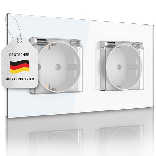 PULSAR Doppel-Steckdose Unterputz Weiß Glas - mit Deckel und gehärtetem Glasrahmen - Wandsteckdose 2-Fach mit Klappdeckel 230V 16A für Feuchtraum von PULSAR