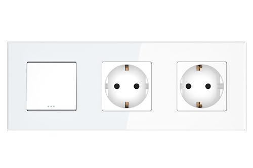 PULSAR Doppelsteckdose mit Kreuzschalter 3 Fach Weiß Glas, Schalter/Lichtschalter/Kreuzschalter mit 2 Steckdosen von PULSAR