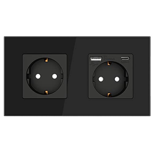 PULSAR Doppelsteckdose mit USB C und USB A Anschlüssen 2 Fach Schuko-Steckdose aus Glas mit USB Unterputz Steckdose Schwarz mit Kindersicherung Flache Wandsteckdose Doppelte Unterputzsteckdose von PULSAR