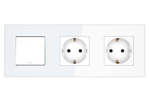 PULSAR Wechselschalter mit Steckdose x2 Weiß Glas 3-Fach, Lichtschalter mit Doppelsteckdose mit Kindersicherung Unterputz 16A 228 x 86mm von PULSAR