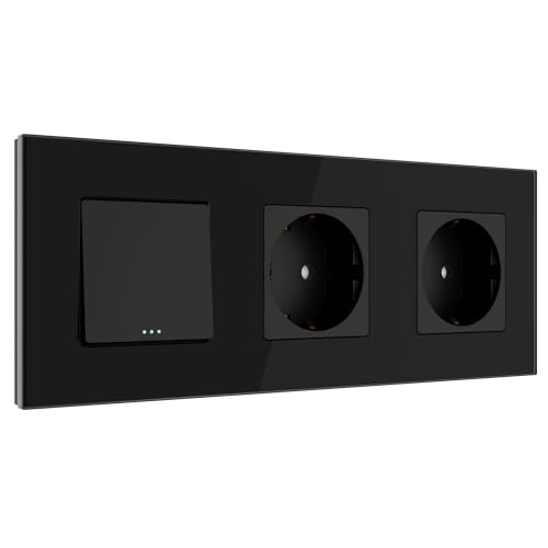 PULSAR Steckdose Doppelt mit Wechselschalter 3-Fach Glas Schwarz - Lichtschalter Unterputz mit Doppel Schutzkontakt-Steckdose mit Kindersicherung 16A 250V von PULSAR