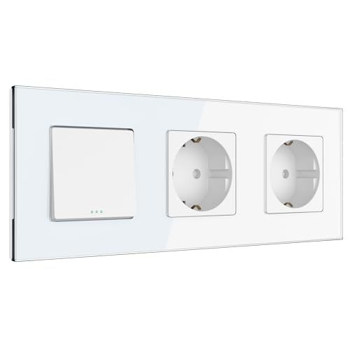 PULSAR Steckdose Doppelt mit Wechselschalter 3-Fach Glas Weiß - Lichtschalter Unterputz mit Doppel Schutzkontakt-Steckdose mit Kindersicherung 16A 250V PULSAR Steckdose Doppelt mit Wechselschalter 3-Fach Glas Weiß - Lichtschalter Unterputz mit Doppel Schutzkontakt-Steckdose mit Kindersicherung 16A 250V von PULSAR