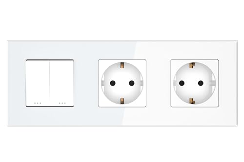 PULSAR Doppelwechselschalter mit 2 Steckdosen 3 Fach Weiß Glas, Serienwechselschalter Doppelt mit Doppelsteckdose, Wechselschalter x2 / Steckdose x2 von PULSAR