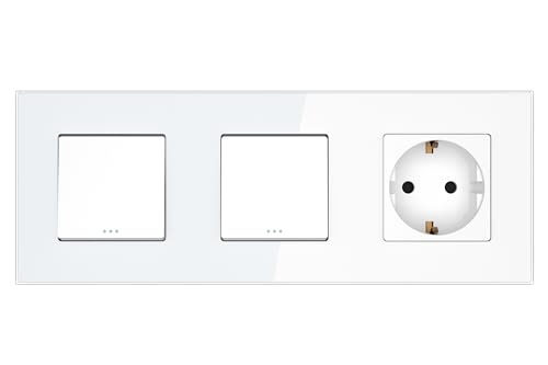 PULSAR Lichtschalter Doppelt mit Steckdose 3 Fach Weiß Glas, Doppelschalter/Steckdose Unterputz 228mmx 86mm, Ein-Ausschalter x 2 / Steckdose x 2 Kombination von PULSAR