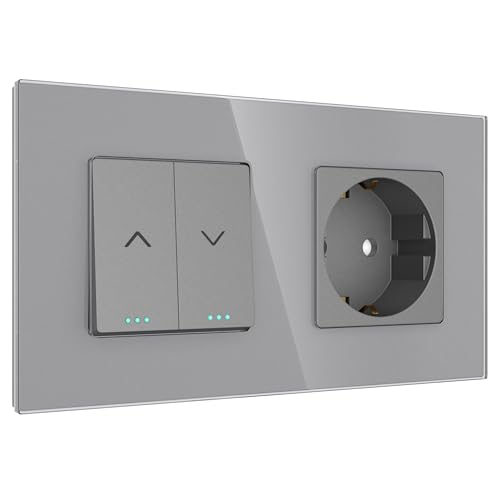 PULSAR Rolladen-/Jalousietaster mit Steckdose Grau Glas Rollladentaster Unterputz mit Steckdose 2 Fach Rollo/Rouleau/Jalousette/Fensterschutz Taster mit Steckdose von PULSAR