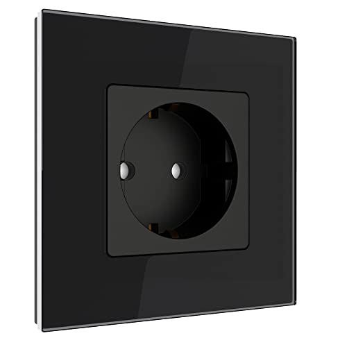 PULSAR Steckdose Schwarz 1 Fach Unterputz mit Kristall Glas Platte Wandsteckdose 250V / 16 Amp Schuko Einzel-Steckdose mit Kindersicherung 86mm von PULSAR