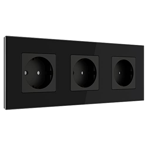 Pulsar Schwarze Steckdose Glas 3 Fach Unterputz Steckdose mit Kindersicherung 16A Moderne Schuko 3er / 3Fach Unterputzsteckdose mit Steckdosenblende Dreiersteckdose 228x86mm Steckdosen Set Komplett von PULSAR