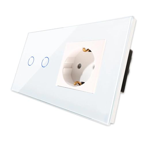 PULSAR Serienschalter Touch mit Steckdose 2 Fach Weiß Glas - Touch Lichtschalter 110V - 240V mit LED Beleuchtung - Schuko Steckdose Unterputz 230V 16 A von PULSAR