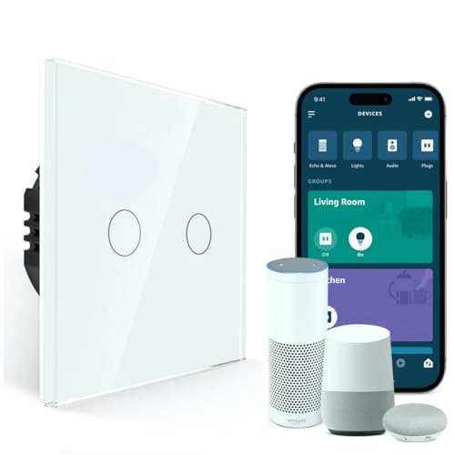 PULSAR Smart Touch Lichtschalter Kompatibel mit Alexa, Google Home Weiß Glas, WLAN-Serienschalter Doppelt Unterputz 1 Fach mit Timer, Wifi Touch Lichtschalter Smart Life App Steuerung Alexa Zubehör von PULSAR