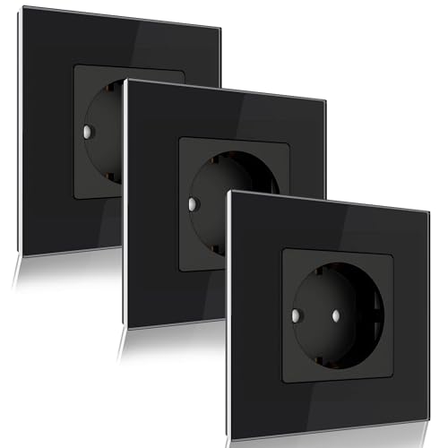 PULSAR Steckdose 1 Fach 3er Pack Wandsteckdose Schwarz Glas Einfach - Unterputzsteckdose 16A mit Glasrahmen Abdeckung und Kindersicherung - Einzelsteckdose Flach Steckdosen Set Komplett von PULSAR