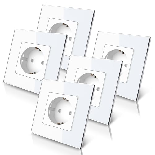 PULSAR Steckdose 1 Fach 5er Pack Wandsteckdose Weiß Glas Einfach - Unterputzsteckdose 16A mit Glasrahmen Abdeckung und Kindersicherung - Einzelsteckdose Flach Steckdosen Set Komplett von PULSAR