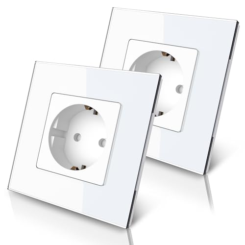 PULSAR Steckdose 1 Fach Glas Weiß 2er Pack, Unterputz Steckdose EU-Standard 16A 250 V mit Glasrahmen Abdeckung und Kindersicherung - Einzelsteckdose 86mm Komplett Set Flache Steckdosen von PULSAR