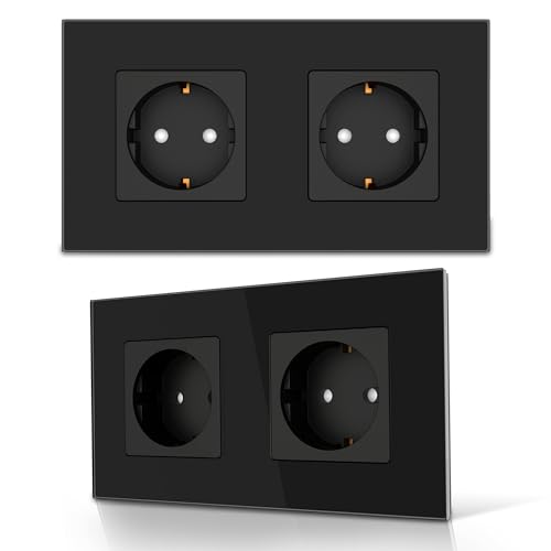 PULSAR Steckdose 2 Fach 2er Pack Wandsteckdose Schwarz Glas 2Fach - Unterputzsteckdose 16A mit Glasrahmen Abdeckung und Kindersicherung - Doppelsteckdose Flach Steckdosen Set Komplett PULSAR Steckdose 2 Fach 2er Pack Wandsteckdose Schwarz Glas 2Fach - Unterputzsteckdose 16A mit Glasrahmen Abdeckung und Kindersicherung - Doppelsteckdose Flach Steckdosen Set Komplett von PULSAR
