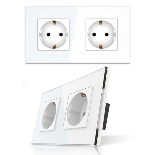 PULSAR Steckdose 2 Fach 2er Pack Wandsteckdose Weiß Glas 2Fach - Unterputzsteckdose 16A mit Glasrahmen Abdeckung und Kindersicherung - Doppelsteckdose Flach Steckdosen Set Komplett PULSAR Steckdose 2 Fach 2er Pack Wandsteckdose Weiß Glas 2Fach - Unterputzsteckdose 16A mit Glasrahmen Abdeckung und Kindersicherung - Doppelsteckdose Flach Steckdosen Set Komplett von PULSAR