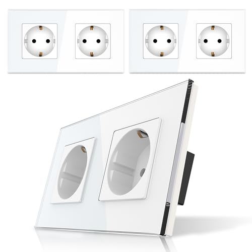 PULSAR Steckdose 2 Fach 3er Pack Wandsteckdose Weiß Glas 2Fach - Unterputzsteckdose 16A mit Glasrahmen Abdeckung und Kindersicherung - Doppelsteckdose Flach Steckdosen Set Komplett von PULSAR