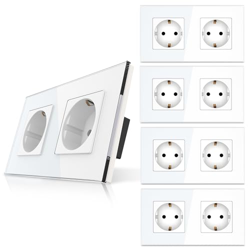 PULSAR Steckdose 2 Fach 5er Pack Wandsteckdose Weiß Glas 2Fach - Unterputzsteckdose 16A mit Glasrahmen Abdeckung und Kindersicherung - Doppelsteckdose Flach Steckdosen Set Komplett von PULSAR
