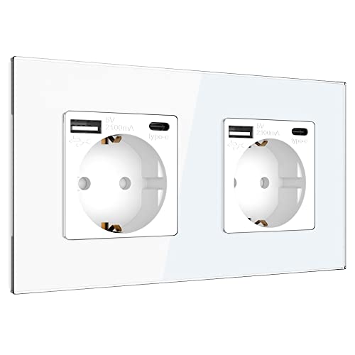 PULSAR Steckdose 2x USB-C 2x USB-A Schnell-Ladegerät Standard Schuko Steckdose 16A 2 Fach Unterputz mit USB Typ C, A Intelligente Erkennung Wandsteckdose Doppelsteckdose Quick Charge für Büro Zuhause von PULSAR
